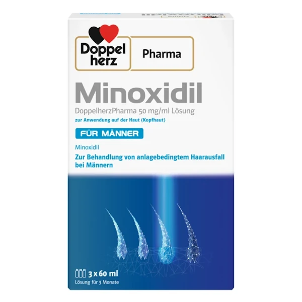 17268563_Doppelherz_Minoxidil_50_mg_ml_Loesung_zur_Anwendung_auf_der_Kopfhaut Packshot DoppelherzPharma Minoxidil 50 mg/ml liquide pour la chute des cheveux
